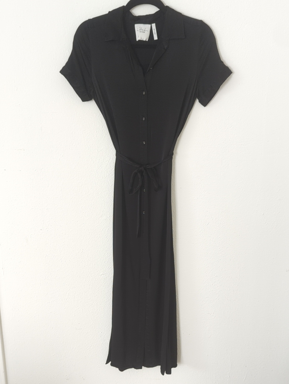 L'Academie Black Satin Rayon Button-Front Shirt Dress with Tie Waist